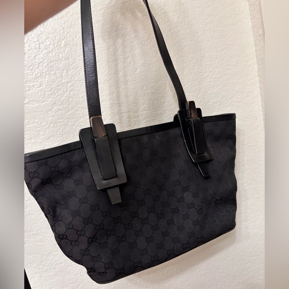 Auth Gucci GG Pattern Leather Canvas Tote Bag Black Shoulder - Picture 1 of 15